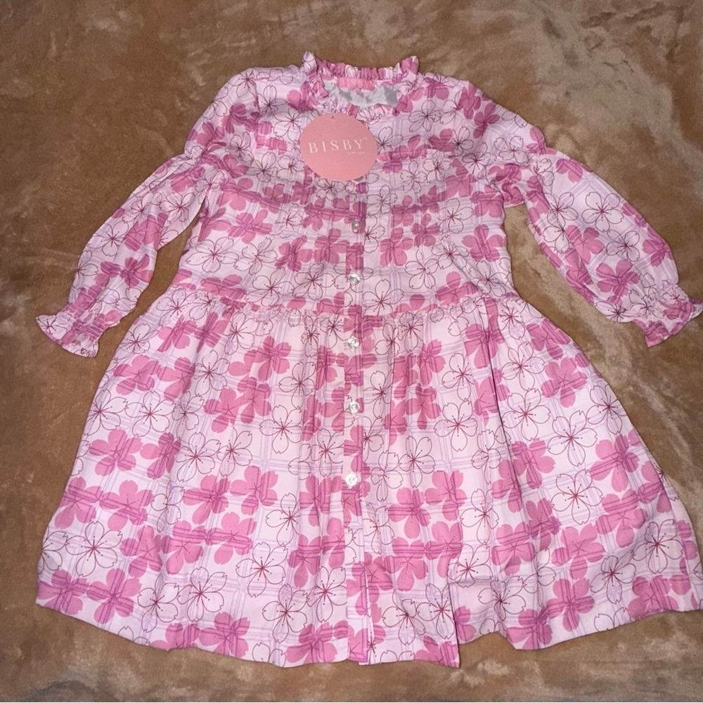 Bisby Kids Pink Floral Plaid Tiered Button Front Dress Long Sleeve Ruffle Neck